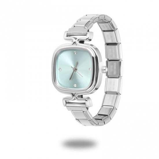 Picture of 1 Piece 304 Stainless Steel Stylish & Casual Italian Charm Links Modular Wrist Watch Silver Tone Light Green Square 18.5cm(7 2/8") long