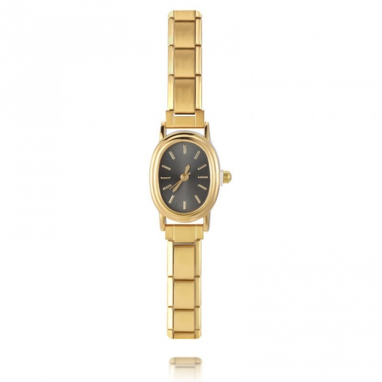 Picture of 1 Piece 304 Stainless Steel Stylish & Casual Italian Charm Links Modular Wrist Watch Gold Plated Black Oval 18.5cm(7 2/8") long