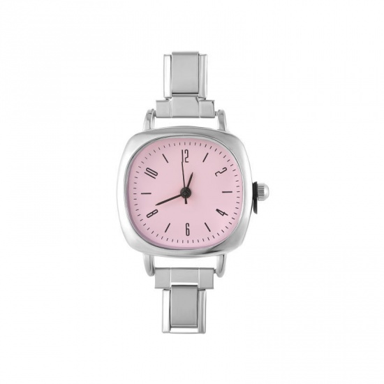 Picture of 1 Piece 304 Stainless Steel Stylish & Casual Italian Charm Links Watch Face For DIY Jewelry Making Silver Tone Pink Square 5.7cm x 2.5cm