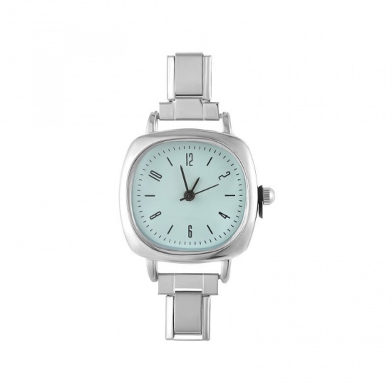 Picture of 1 Piece 304 Stainless Steel Stylish & Casual Italian Charm Links Watch Face For DIY Jewelry Making Silver Tone Light Green Square 5.7cm x 3cm