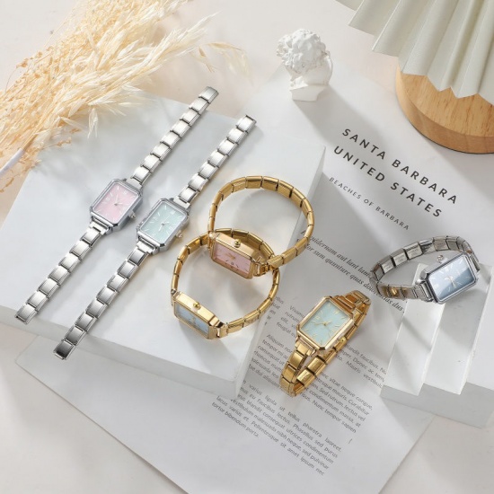 Picture of 1 Piece 304 Stainless Steel Stylish & Casual Italian Charm Links Watch Face For DIY Jewelry Making Gold Plated Pink Octagon 5.7cm x 2.5cm