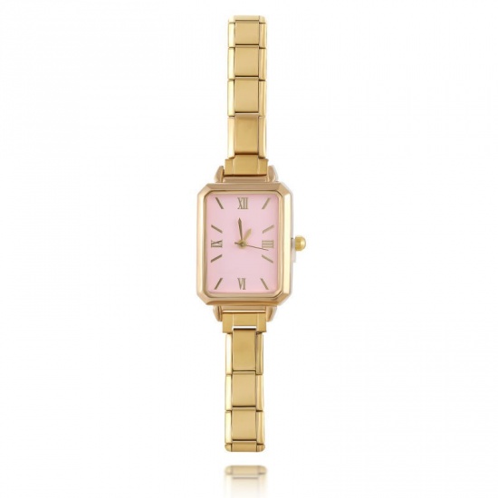 Picture of 1 Piece 304 Stainless Steel Stylish & Casual Italian Charm Links Modular Wrist Watch Gold Plated Pink Octagon 18.5cm(7 2/8") long