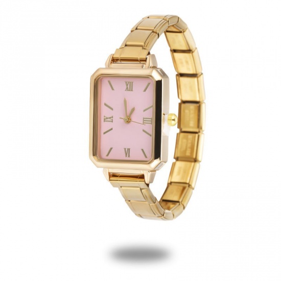Picture of 1 Piece 304 Stainless Steel Stylish & Casual Italian Charm Links Modular Wrist Watch Gold Plated Pink Octagon 18.5cm(7 2/8") long