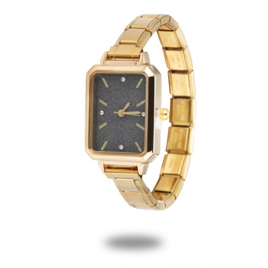 Immagine di 1 Pz 304 Acciaio Inossidabile Elegante & Casual Orologio da Polso Modulare con Collegamenti a Charm Italiano Oro Placcato Nero Ottagono 18.5cm Lunghezza