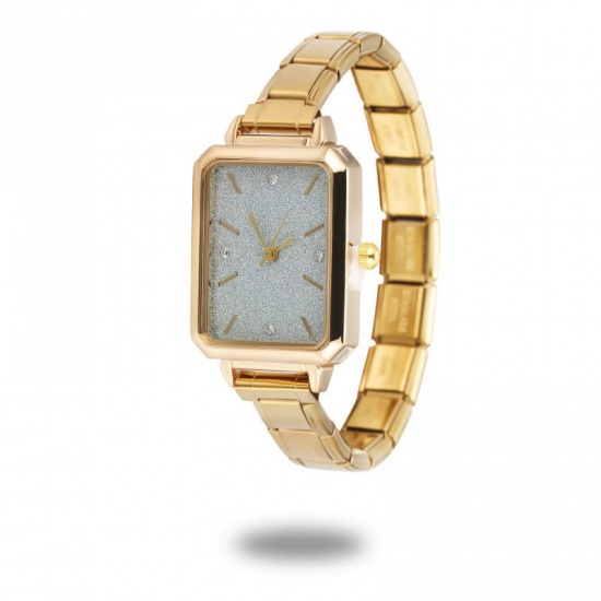 Picture of 1 Piece 304 Stainless Steel Stylish & Casual Italian Charm Links Modular Wrist Watch Gold Plated Light Green Octagon 18.5cm(7 2/8") long