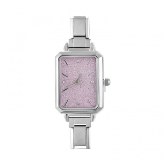 Picture of 1 Piece 304 Stainless Steel Stylish & Casual Italian Charm Links Watch Face For DIY Jewelry Making Silver Tone Pink Octagon 5.7cm x 2.5cm