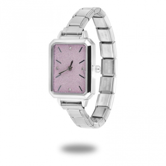 Picture of 1 Piece 304 Stainless Steel Stylish & Casual Italian Charm Links Modular Wrist Watch Silver Tone Pink Octagon 18.5cm(7 2/8") long