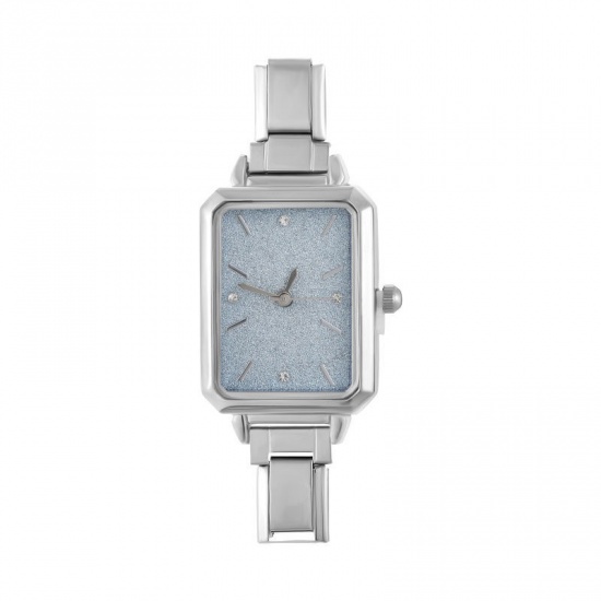 Picture of 1 Piece 304 Stainless Steel Stylish & Casual Italian Charm Links Watch Face For DIY Jewelry Making Silver Tone Skyblue Octagon 5.7cm x 2.5cm