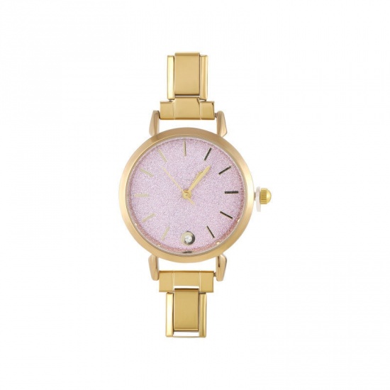 Picture of 1 Piece 304 Stainless Steel Stylish & Casual Italian Charm Links Watch Face For DIY Jewelry Making Gold Plated Pink Round 5.7cm x 3cm