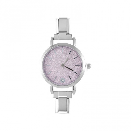 Picture of 1 Piece 304 Stainless Steel Stylish & Casual Italian Charm Links Watch Face For DIY Jewelry Making Silver Tone Pink Round 5.7cm x 3cm