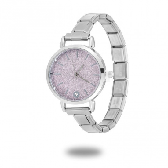 Picture of 1 Piece 304 Stainless Steel Stylish & Casual Italian Charm Links Modular Wrist Watch Silver Tone Pink Round 18.5cm(7 2/8") long