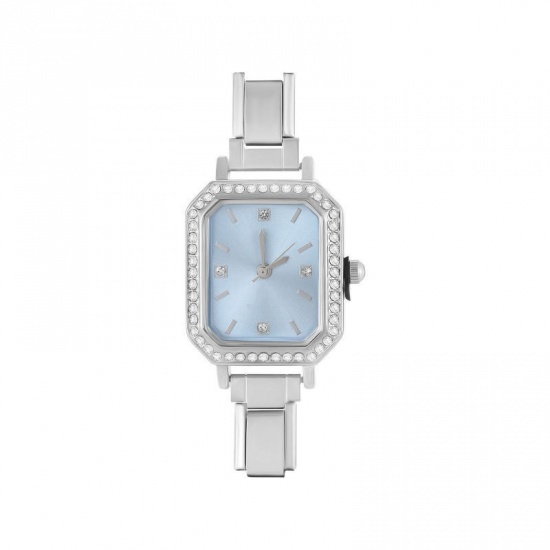 Immagine di 1 Pz 304 Acciaio Inossidabile Elegante & Casual Faccia dell'orologio con Collegamenti a Charm Italiano per la Creazione fai da te di Gioielli Tono Argento Azzurro Ottagono Trasparente Strass 5.7cm x 2.5cm