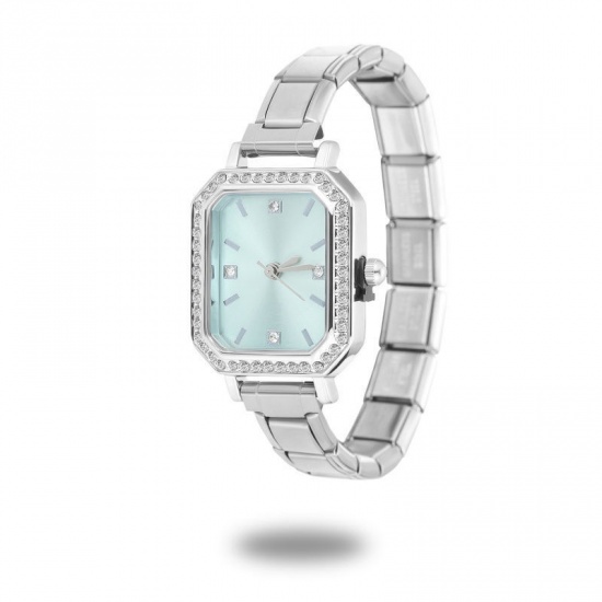 Picture of 1 Piece 304 Stainless Steel Stylish & Casual Italian Charm Links Modular Wrist Watch Silver Tone Light Green Octagon Clear Rhinestone 18.5cm(7 2/8") long