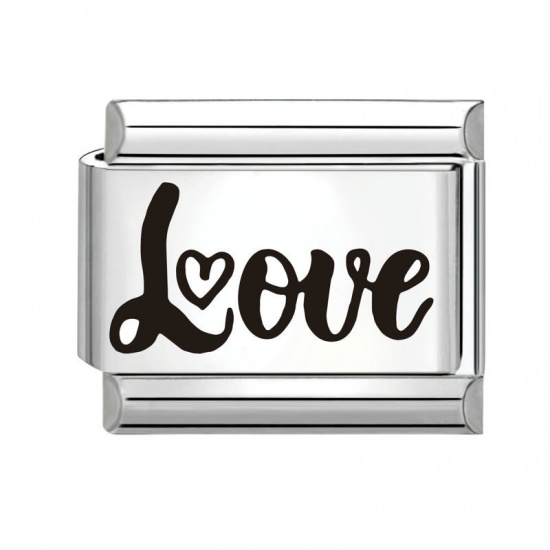 Image de 1 Pièce Bracelet à Maillons Breloques Italiens Accessories de Fabrication de Bracelets Bijoux DIY en 304 Acier Inoxydable Argent Mat Noir Rectangle Mots " LOVE " 10mm x 9mm