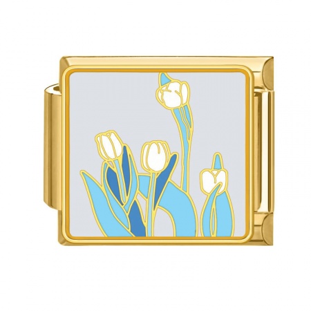 Picture of 1 Piece 304 Stainless Steel Italian Charm Links For DIY Bracelet Jewelry Making Gold Plated Multicolor Rectangle Tulip Flower 10mm x 9mm