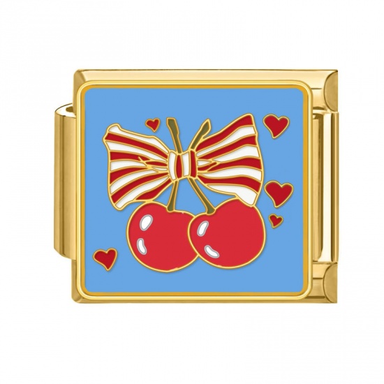 Picture of 1 Piece 304 Stainless Steel Italian Charm Links For DIY Bracelet Jewelry Making Gold Plated Red Rectangle Cherry Fruit 10mm x 9mm