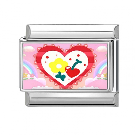 Picture of 1 Piece 304 Stainless Steel Italian Charm Links For DIY Bracelet Jewelry Making Silver Tone Multicolor Rectangle Heart 10mm x 9mm