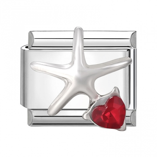 Immagine di 1 Pz 304 Acciaio Inossidabile Bracciale con Charm Italiano a Maglie, Creazione di Gioielli Fai-da-te Tono Argento Rettangolo Stella Marina Rosso Strass 10mm x 9mm