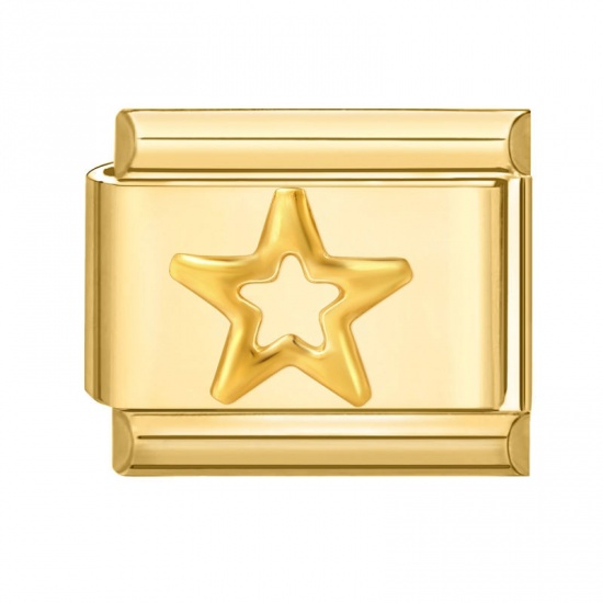 Picture of 1 Piece 304 Stainless Steel Italian Charm Links For DIY Bracelet Jewelry Making Gold Plated Rectangle Pentagram Star 10mm x 9mm
