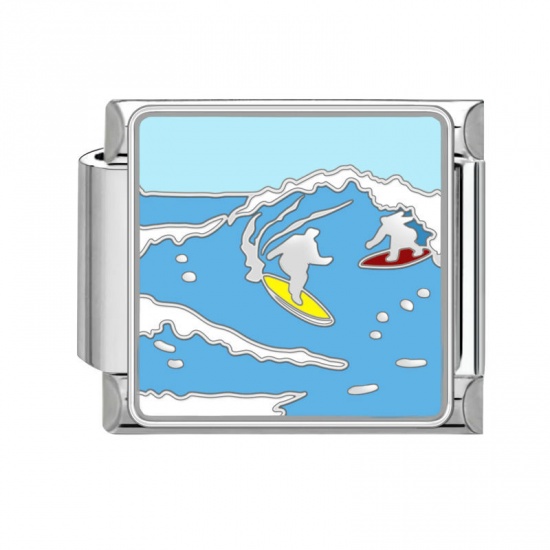 Image de 1 Pièce Bracelet à Maillons Breloques Italiens Accessories de Fabrication de Bracelets Bijoux DIY en 304 Acier Inoxydable Argent Mat Bleu Rectangle Athlète de Surf 10mm x 9mm