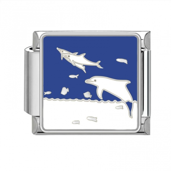 Image de 1 Pièce Bracelet à Maillons Breloques Italiens Accessories de Fabrication de Bracelets Bijoux DIY en 304 Acier Inoxydable Argent Mat Bleu Foncé Rectangle Daupins 10mm x 9mm