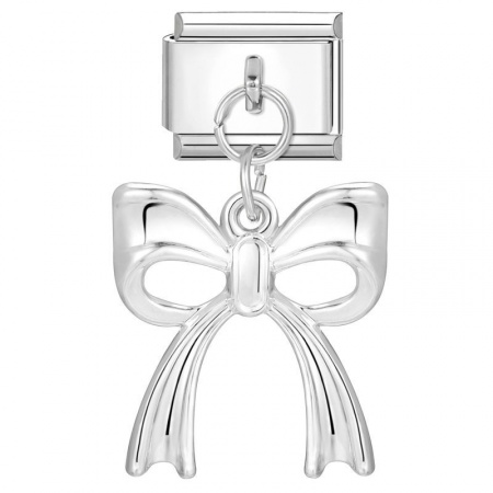 Picture of 1 Piece 304 Stainless Steel Italian Charm Links For DIY Bracelet Jewelry Making Wholesale Silver Tone Rectangle Bowknot 10mm x 9mm