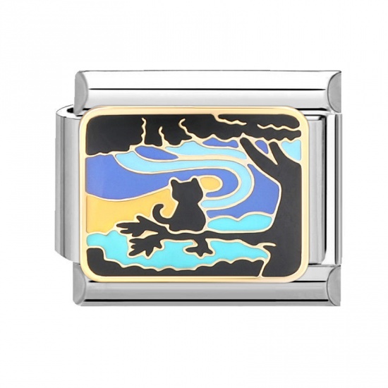 Bild von 1 Stück 304 Edelstahl Charm-Armband mit italienischen Gliedern zur Herstellung von DIY-Schmuck Silberfarbe Bunt Rechteck Katze 10mm x 9mm