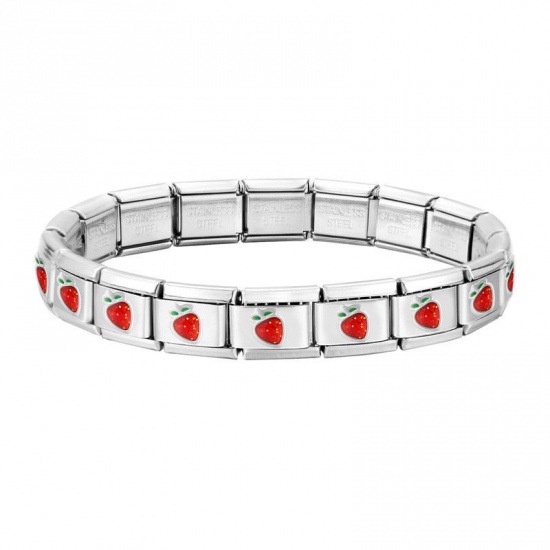 Picture of 1 Piece 304 Stainless Steel Cute Italian Charm Links Modular Bracelets Silver Tone Strawberry Fruit Detachable 18cm(7.1") long