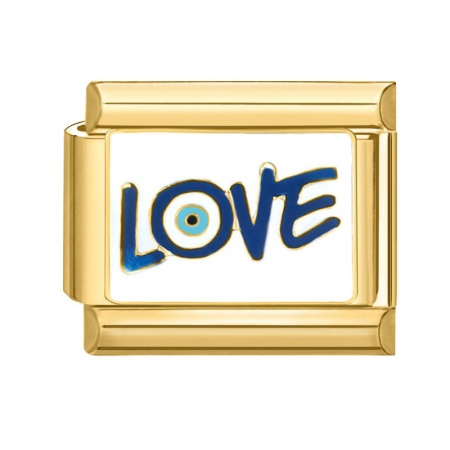 Picture of 1 Piece 304 Stainless Steel Italian Charm Links For DIY Bracelet Jewelry Making Gold Plated Rectangle Evil Eye Message " LOVE " 10mm x 9mm