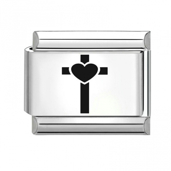 Bild von 1 Stück 304 Edelstahl Charm-Armband mit italienischen Gliedern zur Herstellung von DIY-Schmuck Silberfarbe Schwarz Rechteck Kreuz 10mm x 9mm