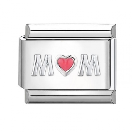 Picture of 1 Piece 304 Stainless Steel Italian Charm Links For DIY Bracelet Jewelry Making Silver Tone Fuchsia Rectangle Heart Message " Mom " 10mm x 9mm