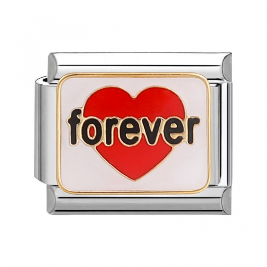 Immagine di 1 Pz 304 Acciaio Inossidabile Bracciale con Charm Italiano a Maglie, Creazione di Gioielli Fai-da-te Tono Argento Rosso Rettangolo Cuore Messaggio " FOREVER " 10mm x 9mm
