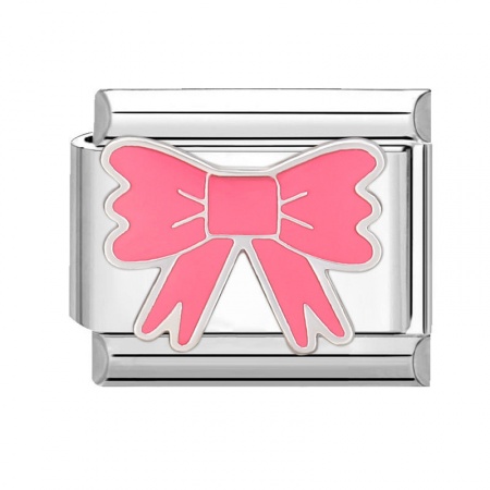 Picture of 1 Piece 304 Stainless Steel Italian Charm Links For DIY Bracelet Jewelry Making Silver Tone Pink Rectangle Bowknot 10mm x 9mm