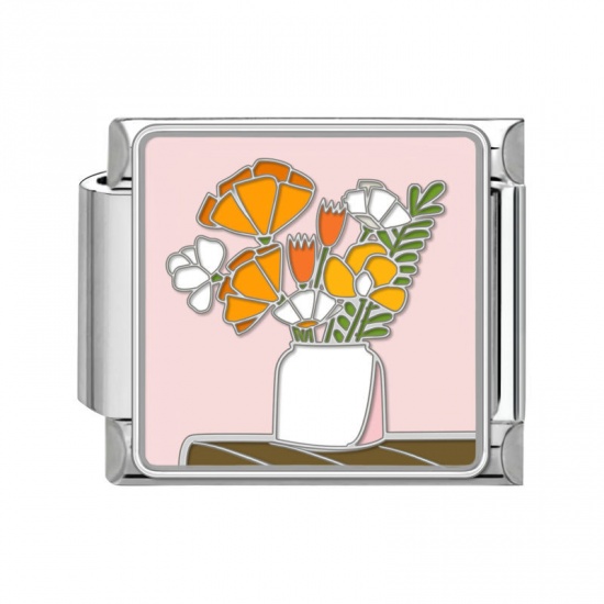 Immagine di 1 Pz 304 Acciaio Inossidabile Bracciale con Charm Italiano a Maglie, Creazione di Gioielli Fai-da-te Tono Argento Multicolore Rettangolo Vaso di Fiori 10mm x 9mm