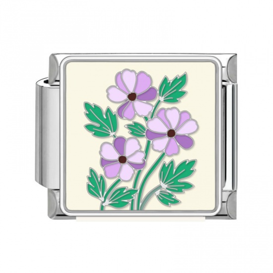 Immagine di 1 Pz 304 Acciaio Inossidabile Bracciale con Charm Italiano a Maglie, Creazione di Gioielli Fai-da-te Tono Argento Colore Viola Rettangolo Fiore 10mm x 9mm