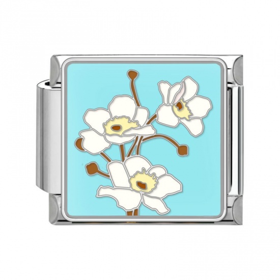 Immagine di 1 Pz 304 Acciaio Inossidabile Bracciale con Charm Italiano a Maglie, Creazione di Gioielli Fai-da-te Tono Argento Blu Rettangolo Orchidea 10mm x 9mm