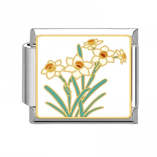Immagine di 1 Pz 304 Acciaio Inossidabile Bracciale con Charm Italiano a Maglie, Creazione di Gioielli Fai-da-te Tono Argento Bianco Rettangolo Fiore del Narciso 10mm x 9mm