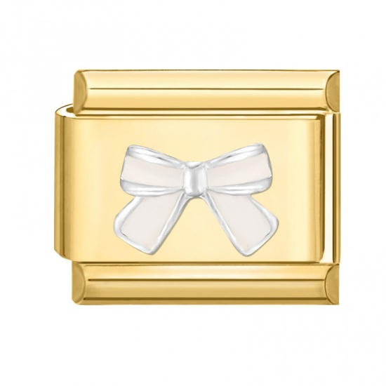 Picture of 1 Piece 304 Stainless Steel Italian Charm Links For DIY Bracelet Jewelry Making Gold Plated Rectangle Bowknot 10mm x 9mm