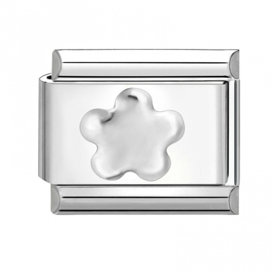 Picture of 1 Piece 304 Stainless Steel Italian Charm Links For DIY Bracelet Jewelry Making Silver Tone Rectangle Flower 10mm x 9mm