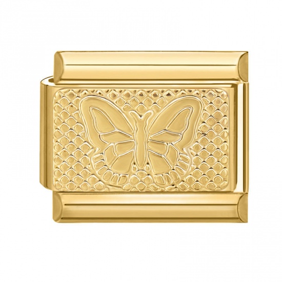 Picture of 1 Piece 304 Stainless Steel Italian Charm Links For DIY Bracelet Jewelry Making Gold Plated Rectangle Butterfly 10mm x 9mm
