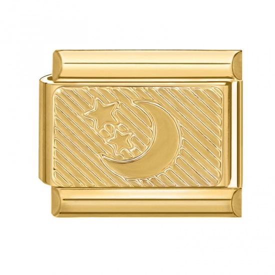 Picture of 1 Piece 304 Stainless Steel Italian Charm Links For DIY Bracelet Jewelry Making Gold Plated Rectangle Moon 10mm x 9mm