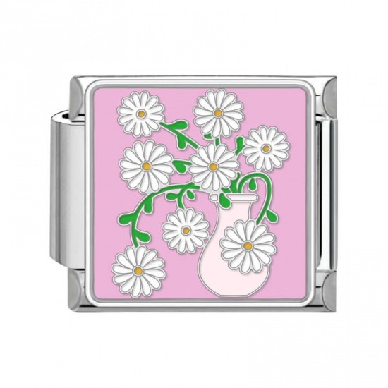 Picture of 1 Piece 304 Stainless Steel Italian Charm Links For DIY Bracelet Jewelry Making Silver Tone Pink Rectangle Daisy Flower 10mm x 9mm