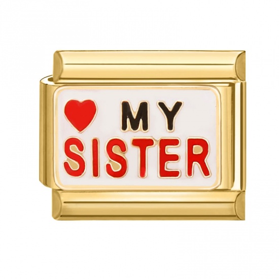 Picture of 1 Piece 304 Stainless Steel Italian Charm Links For DIY Bracelet Jewelry Making Gold Plated Rectangle Heart Message " My Sister " 10mm x 9mm