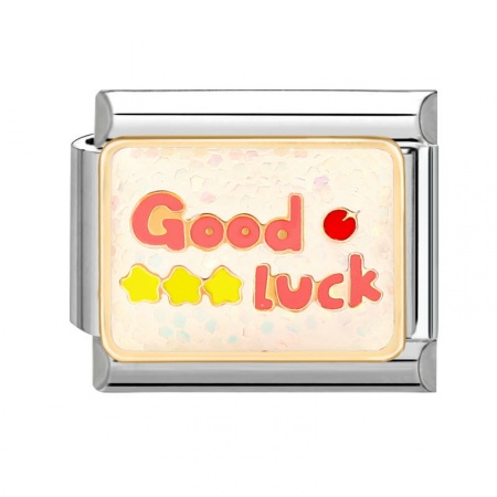 Picture of 1 Piece 304 Stainless Steel Italian Charm Links For DIY Bracelet Jewelry Making Silver Tone Red Rectangle Star Message " GOOD LUCK " Sequins 10mm x 9mm