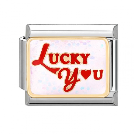 Picture of 1 Piece 304 Stainless Steel Italian Charm Links For DIY Bracelet Jewelry Making Silver Tone Red Rectangle Message " Lucky You " Sequins 10mm x 9mm