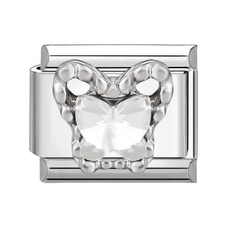 Picture of 1 Piece 304 Stainless Steel Italian Charm Links For DIY Modular Bracelet Watch Jewelry Making Wholesale Silver Tone Rectangle Butterfly Clear Rhinestone 10mm x 9mm