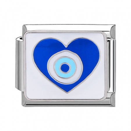 Picture of 1 Piece 304 Stainless Steel Italian Charm Links For DIY Bracelet Jewelry Making Silver Tone Blue Rectangle Evil Eye 10mm x 9mm