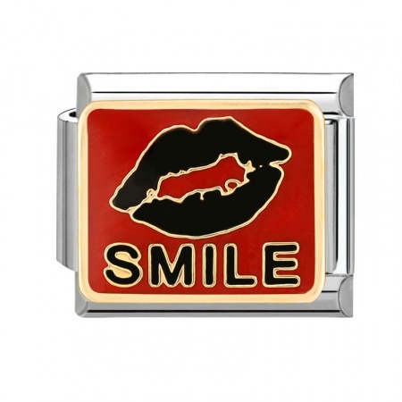 Picture of 1 Piece 304 Stainless Steel Italian Charm Links For DIY Bracelet Jewelry Making Silver Tone Black & Red Rectangle Lip Message " SMILE " 10mm x 9mm