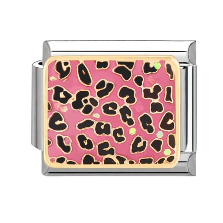Picture of 1 Piece 304 Stainless Steel Italian Charm Links For DIY Bracelet Jewelry Making Silver Tone Pink Rectangle Leopard Print 10mm x 9mm