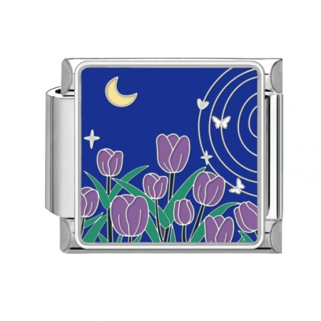 Picture of 1 Piece 304 Stainless Steel Italian Charm Links For DIY Bracelet Jewelry Making Silver Tone Purple Rectangle Tulip Flower 10mm x 9mm